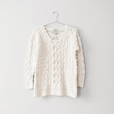 vintage white bobble popcorn knit cotton sweater, size XS / S 