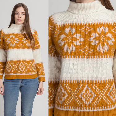 70s Fair Isle Turtleneck Ski Sweater - Large | Vintage Knit Winter Pullover Jumper 