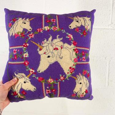 Vintage Needlepoint Unicorn Pillow Purple Pink Unicorns Square Accent 1980s 80s Home Decor Throw Sofa Couch Kid's Room Child's Nursery Baby 