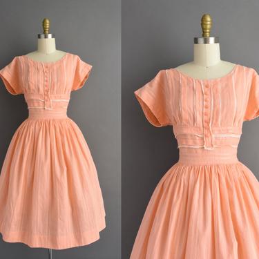 1950s vintage dress | Adorable Peach Cotton Short Sleeve Full Skirt Summer Dress | Medium | 50s dress 