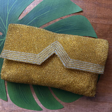 Vintage Gold Beaded Clutch Purse Hand Beaded Evening Bag 