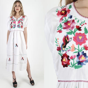 White Mexican Butterfly Sleeve Midi Dress Vintage Traditional Mexico Embroidered Dress Bright Floral Puffy Sleeve White Vestido Maxi Dress 