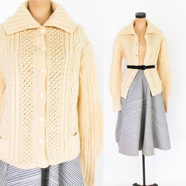 1950s Wool Knit Cardigan Sweater | 50s Off White Irish Cardigan | Republic of Ireland | Medium 