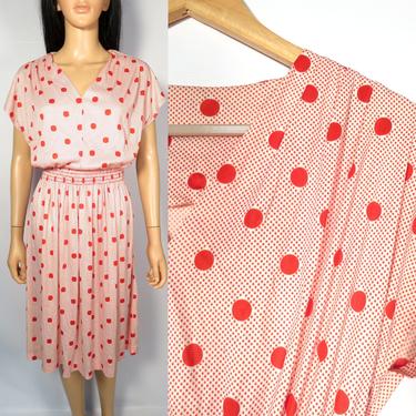 Vintage 60s/70s Bright Red Polka Dot Cinch Waist Nylon Dress Size M 