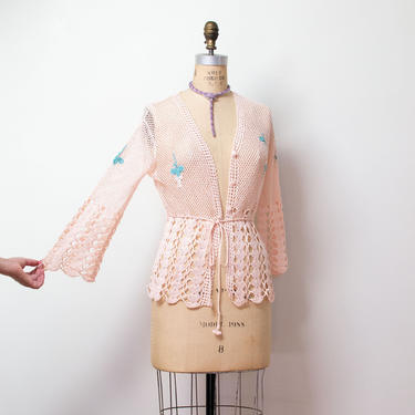 1970s Crochet Sweater / 1930s Style Pink Bell Sleeve Cardigan 