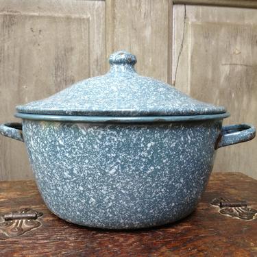French Blue Enamelware Gray Speckled Casserole and Lid Graniteware 