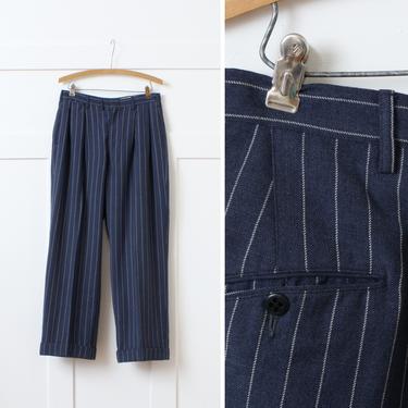 mens vintage 1940 wool trousers • dark blue wide leg chalk stripe pants • forties menswear sz 30 waist 