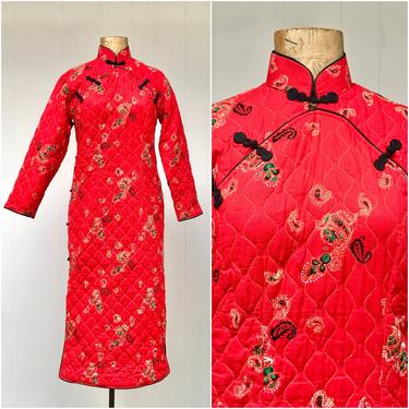 Vintage 1970s Red Quilted Cheongsam Robe, Mid-Century Qipao, Chinese Hostess Gown with Paisley Print, Small 34&amp;quot; Bust 