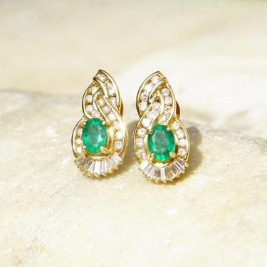 Vintage 14K Yellow Gold Diamond Emerald Earrings, .7625 TCW Brilliant &amp; Baguette Diamonds, Sparkly Emerald Diamond Lever Back Studs 