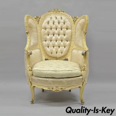 Antique French Louis XV Provincial Style Cream Painted Bergere Wingback Chair