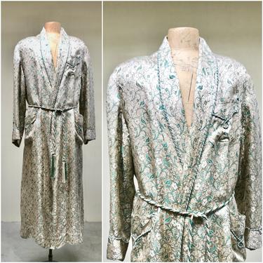Vintage 1940s Mens Rayon Jacquard Brocade Robe, 40s Shawl Collar Smoking Jacket, Hollywood Film Noir Dressing Gown, Large 