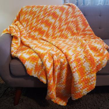 1960s Vintage Afghan Blanket, Grandma's Handmade Orange & White Knit Lap Blanket, Cozy Bedding or Couch Throw, Home Decor 