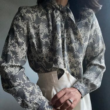 vintage pure silk semi sheer monochromatic floral ascot blouse 
