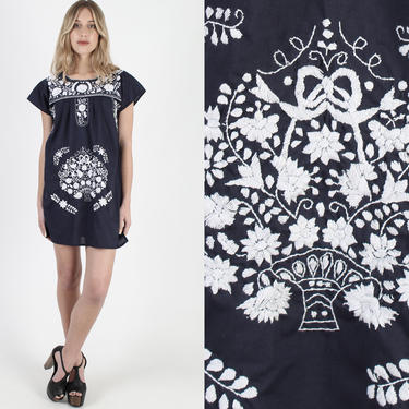 Vintage Navy Blue Mexican Mini Dress All White Floral Hand Embroidered Made In Mexico Clothing Festival Short Dress 