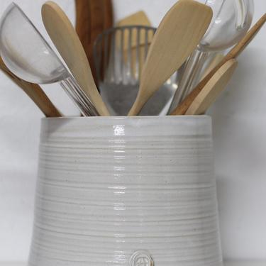 handmade utensil holder, white utensil holder, ceramic utensil holder, wedding gift, kitchen crock, storage jar, utensil caddy 
