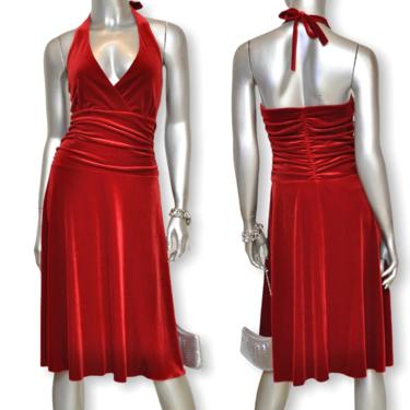 Vintage Red Velvet Halter Dress One Length Party Prom Holiday Dress Size Medium 