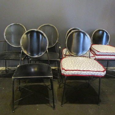 SET OF SIX  OVAL BACK WROUGHT IRON DINING CHAIRS WITH DETACHABLE CUSHIONS