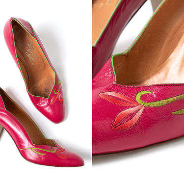 Vintage 1960s 1970s Heels | 60s 70s Leather Rose Floral Embroidered Fuchsia Hot Pink High Heel Pumps (size US 5.5) 