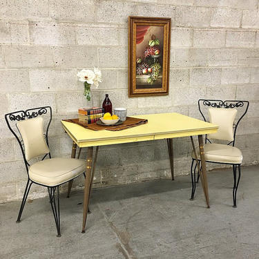Vintage Formica Kitchen Table Retro 1950's Mid Century Modern Yellow Metal Tabletop and Brown Legs LOCAL PICKUP ONLY 