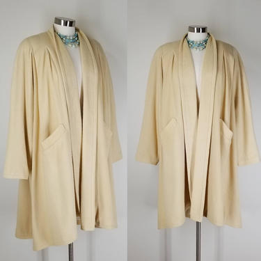 1980s Deco Swing Coat, Medium ~ 1940s Style Yellow Felted Wool Winter Coat ~ Flyaway Mid Length Dress Coat 