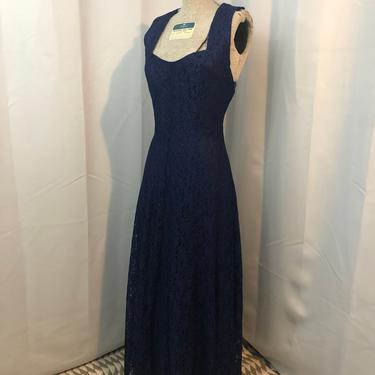 1990s Vintage Navy Blue Lace Formal Gown cross back All That Jazz 7 8 S 