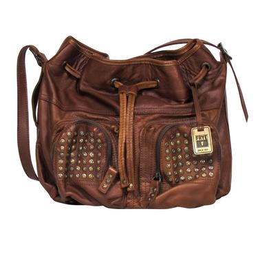 Frye - Brown Leather Drawstring Crossbody Bag w/ Studs