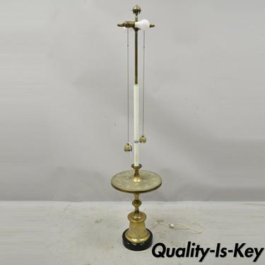 Vintage Brass Indian Moroccan Boho Chic Etched Brass Side Table Pole Floor Lamp