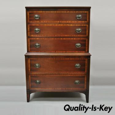 Vintage Mahogany 5 Drawer Banded Inlay Tall Chest Dresser Highboy by Stiehl