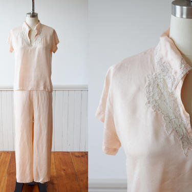 1940s Silk Pajama Set | Top + Wide Leg Pants | Vintage 40s Pink Silk Lounge Set | S/M 