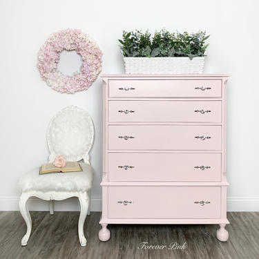 Pink Vintage Five Drawer Dresser, Chest of Drawers with Crystal Hardware 
