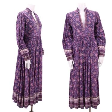 70s MONSOON purple tissue cotton India print peasant dress M / vintage 1970s purple hippy festival caftan adini phool 