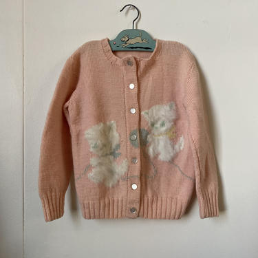Hand knit pink Kitten novelty wool children’s cardigan sweater 