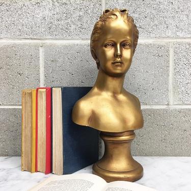 Vintage Statue Retro 1980s Borghese Bust + Girl + Gold + Chalkware + 16 Inches Tall + Sculpture + Home and Table Decor 