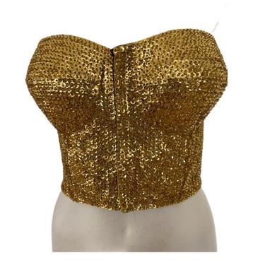 80s Vintage Women’s gold beaded BUSTIER blouse top, gold sequin corset top, disco party halter, women's evening wear size medium m 8 10 