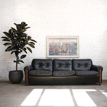 Scandinavian Black Leather + Rosewood Sofa