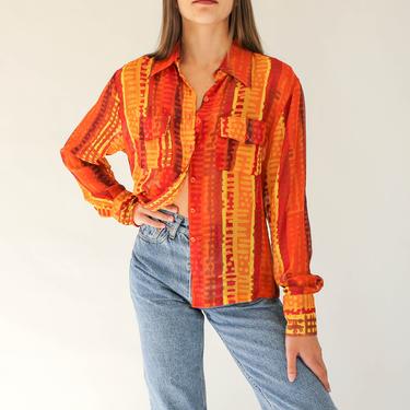 Vintage 90s Sharagano Paris Sunburst Tribal Print Silk Button Up Blouse | 100% Silk | Sheer, Bohemian, Cropped, Summer | 1990s Designer Top 