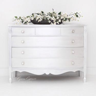 RESERVED White Pearlescent Hand Painted Four Drawer Vintage Dresser, Antique Chest of Drawers 