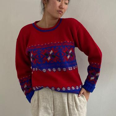 90s Ralph Lauren wool sweater / vintage Ralph Lauren red blue wool snowflake fair isle boyfriend pullover sweater | M 