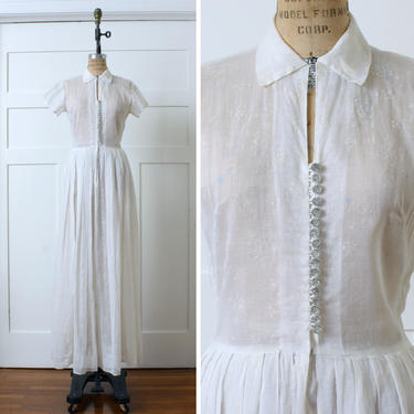 vintage 1940s sheer white cotton organdy dress • ghost floral full length faded summer gown 