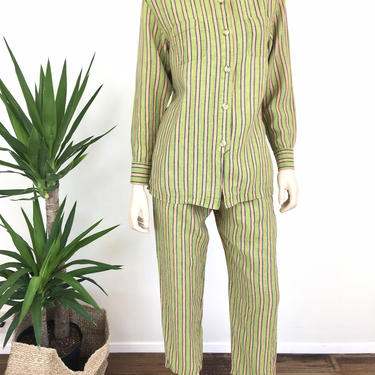 Vintage Striped Linen Pajama Style Shirt & Pants Set / Grass Green Striped / Loose Fit 