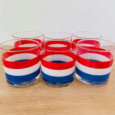 Mid Century Modern Red White and Blue Low Ball Glasses by Georges Briard - Set of 6 