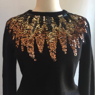 Vintage 80s Sparkly SEQUIN FLAME Sweater / Gold + Bronze / S 