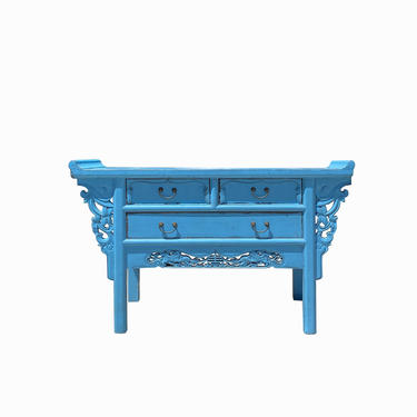 Distressed Light Blue 3 Drawers Foo Dogs Carving Side Altar Table cs6118E 