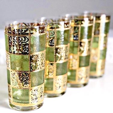 4 Culver Prado Highball Cocktail Glasses Gold & Green Moroccan Barware / Vintage Bohemian glassware Mid century modern home bar decor 