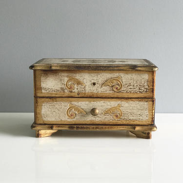Florentine Jewelry Box / Gold and Beige Wooden Jewelry Box 