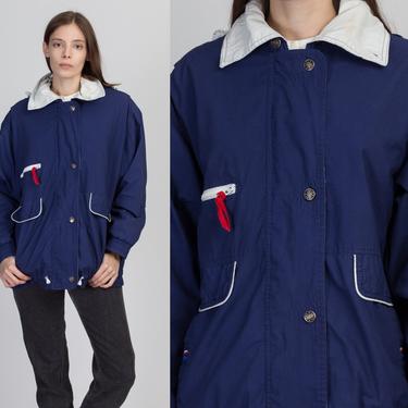80s Navy Blue Nautical Windbreaker Jacket - Large | Vintage Izzi Hooded Collared Lightweight Coat 