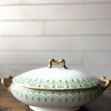 Antique L Bernardaud &amp; Co Limoges Serving Dish B and Co Covered Dish with Green And Gold Accents Made in France 