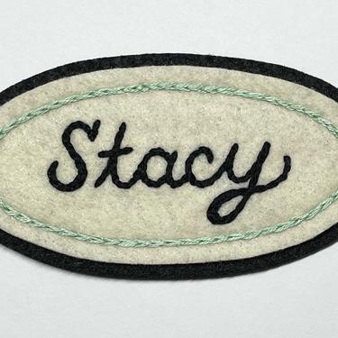 Handmade / hand embroidered off white &amp; blackfelt patch - custom name tag patch - (add your own name or word) 