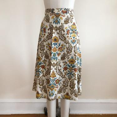 Blue and Yellow Paisley and Floral Print Wrap Skirt - 1970s 