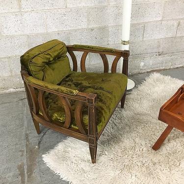 LOCAL PICKUP ONLY Vintage Barrel Chair Retro 1970's Brown Wood Rounded Frame Lounge Chair with Green Velvet Seat Back and Armrests 